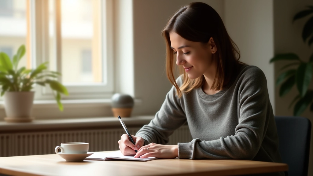Person journaling at a wooden desk with coffee and notebook, warm natural lighting, calm workspace environment