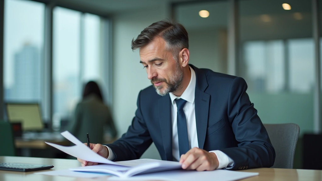 Person thoughtfully reviewing personal strengths assessment notes at a table with organized worksheets and writing materials