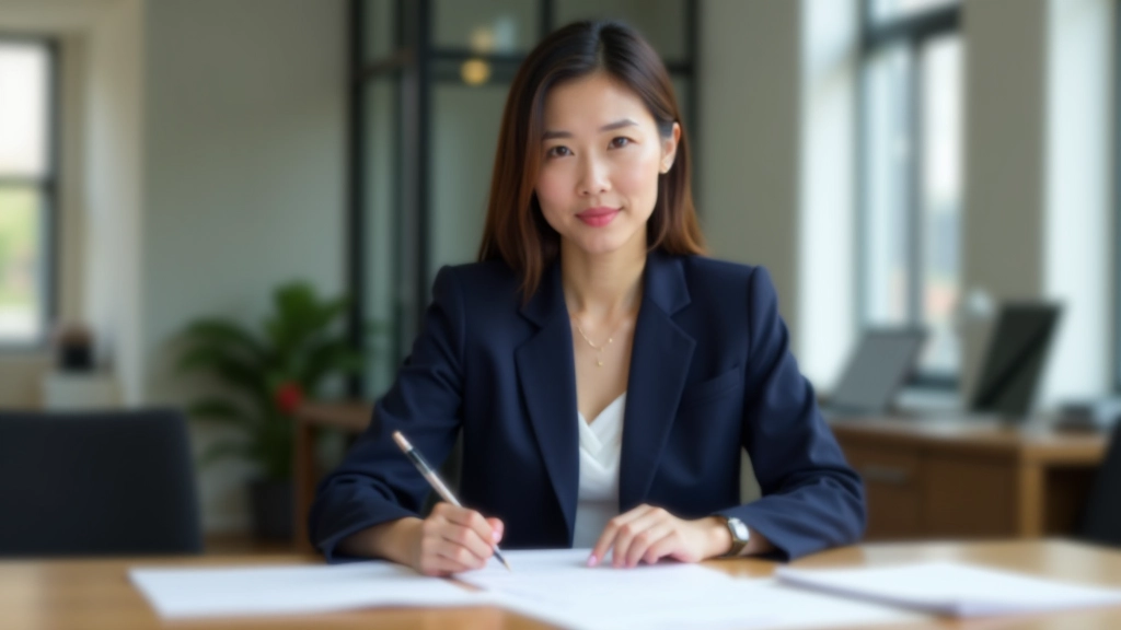 Professional woman in business attire sitting at desk reviewing documents and career plan materials