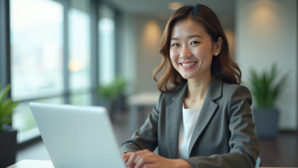 Professional woman at laptop smiling confidently while working, representing alignment between personal strengths and career choice